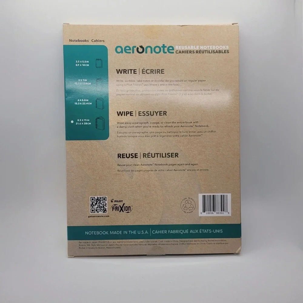 Aeronote Reusable Notebook 8.5x11 Lined 32 Pages with Pilot FriXion Pen & Cloth